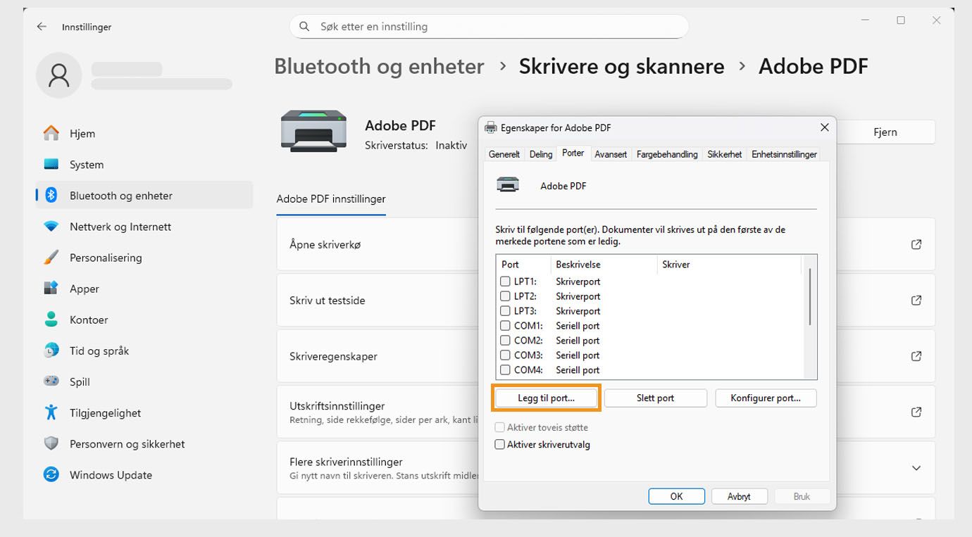Dialogboksen Adobe PDF-egenskaper viser fanen Porter åpen med alternativene Legg til port, Slett port og Konfigurer porter. 