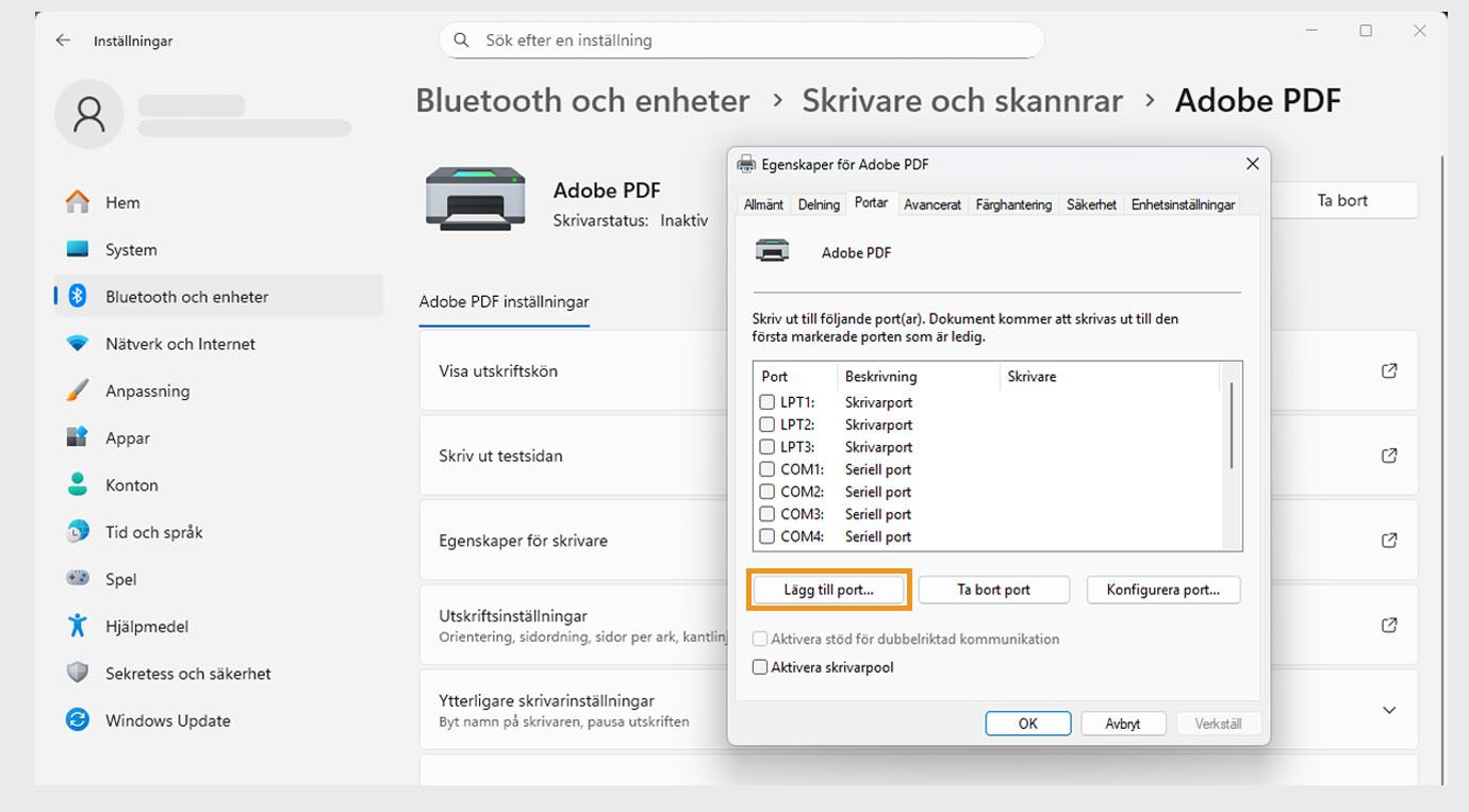 Dialogrutan Adobe PDF-egenskaper visar fliken Portar öppen med alternativen Lägg till port, Ta bort port och Konfigurera portar. 