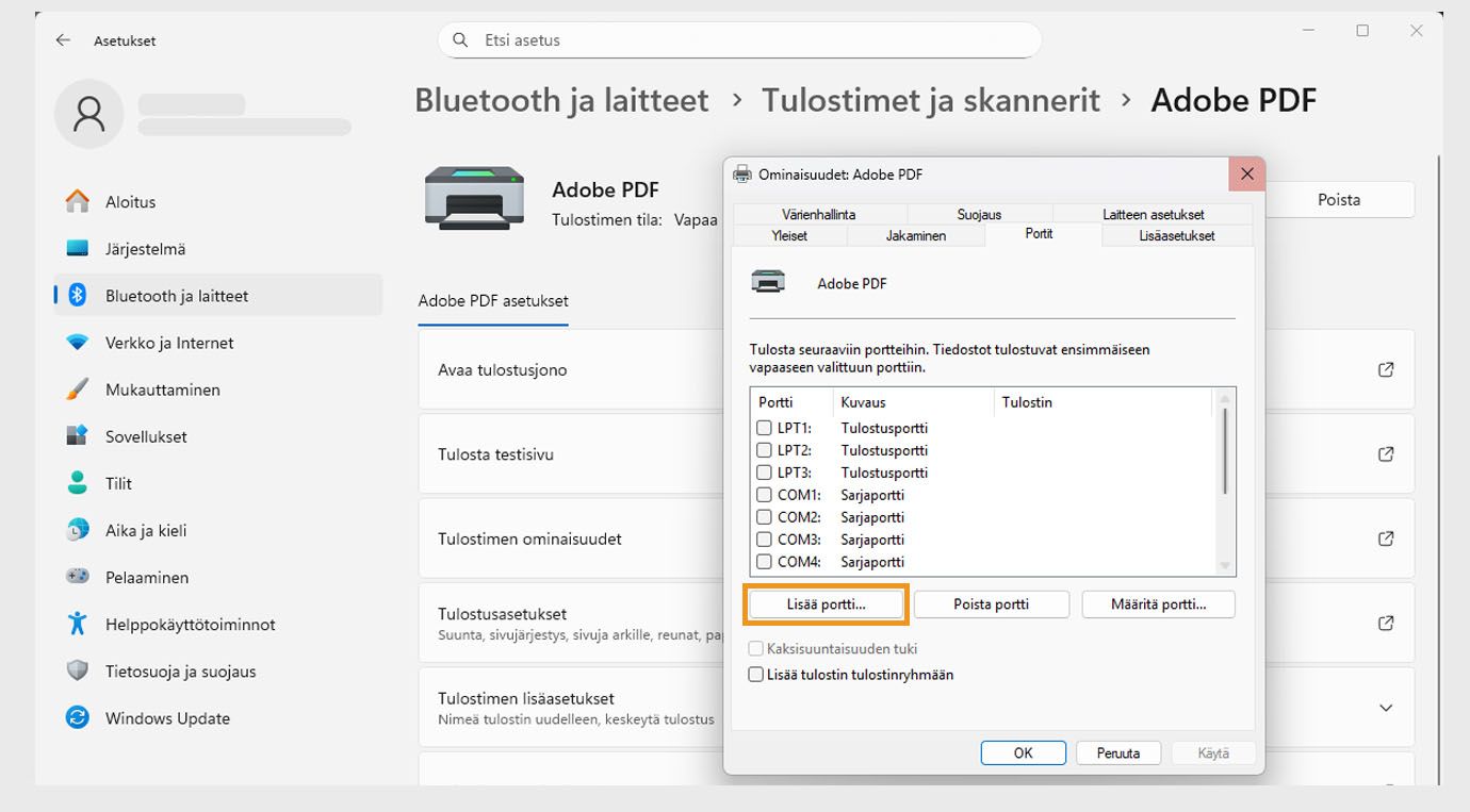 Adobe PDF:n ominaisuudet -valintaikkunassa näkyy avoin Portit-välilehti, jossa on vaihtoehdot Lisää portti, Poista portti ja Määritä portit. 