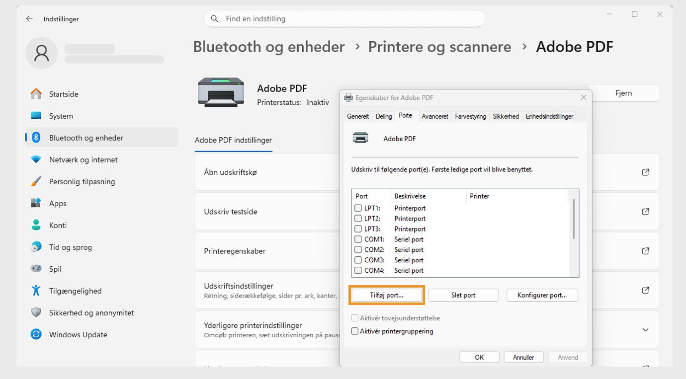 Dialogboksen Adobe PDF-egenskaber viser fanen Porte åben med indstillingerne Tilføj port, Slet port og Konfigurer porte. 