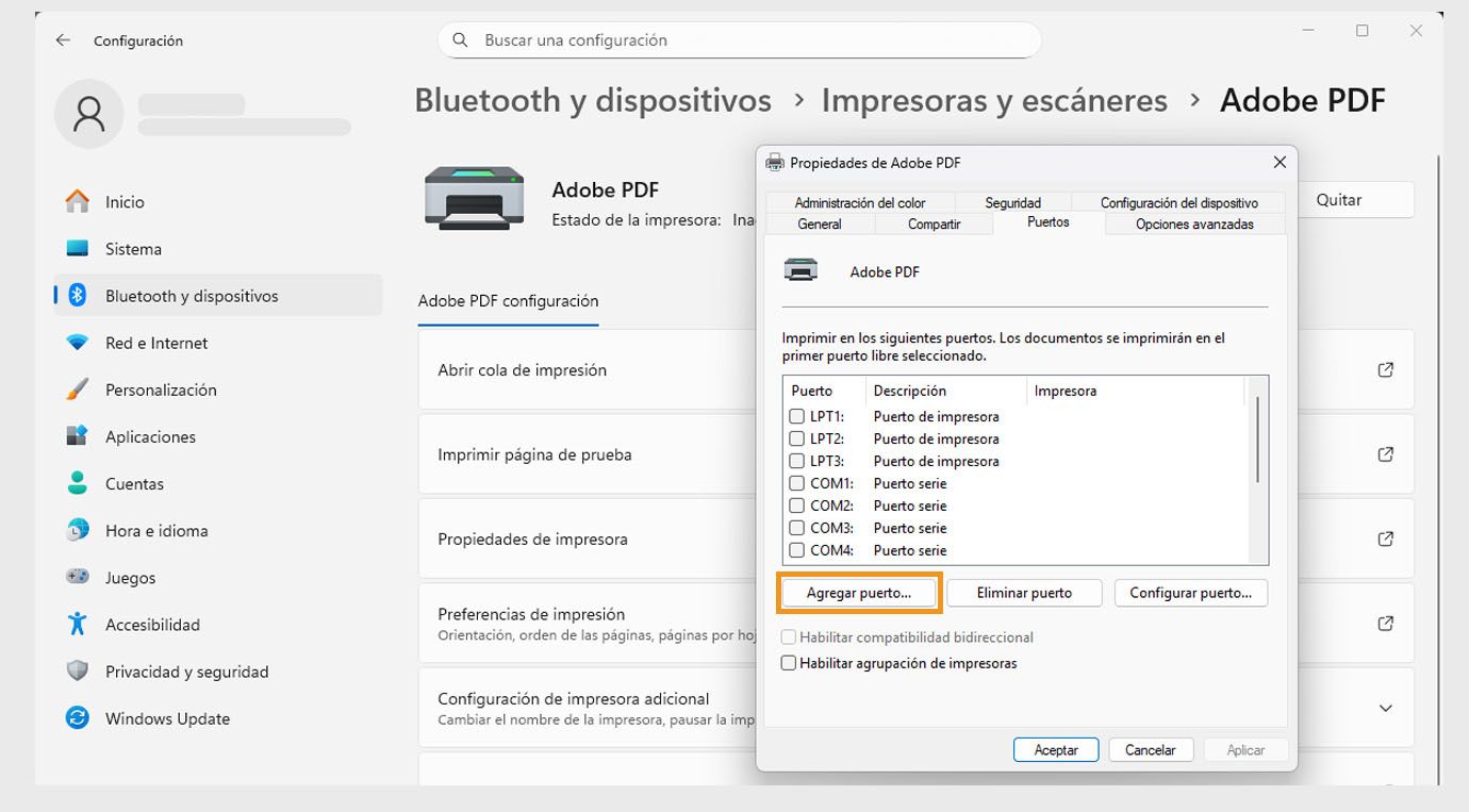 El cuadro de diálogo Propiedades de Adobe PDF muestra la pestaña Puertos abierta con las opciones Agregar puerto, Eliminar puerto y Configurar puertos. 