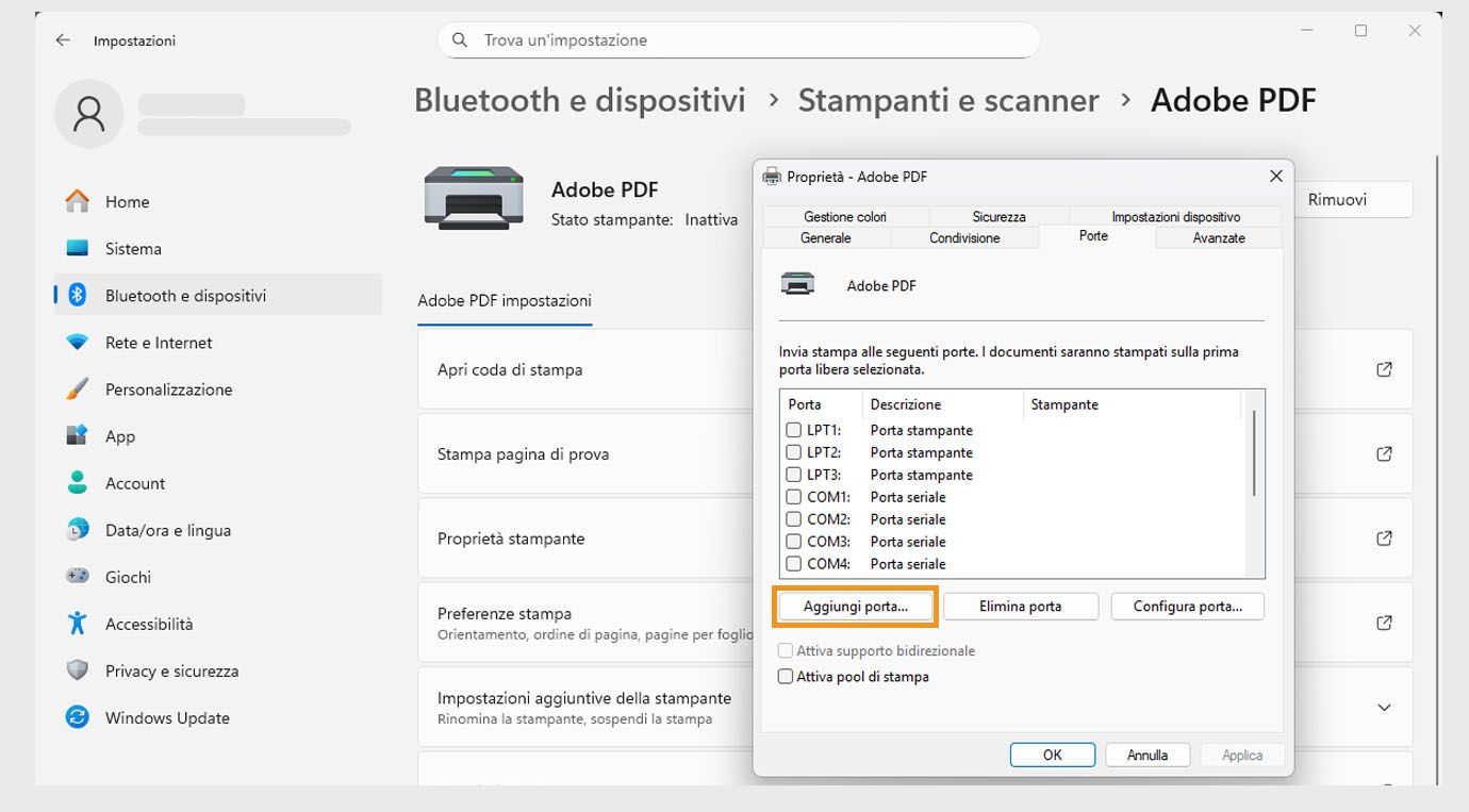 La finestra di dialogo Proprietà Adobe PDF mostra la scheda Porte aperta con le opzioni Aggiungi porta, Elimina porta e Configura porte. 