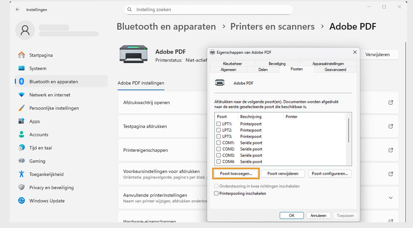 Het dialoogvenster Adobe PDF-eigenschappen toont het tabblad Poorten met de opties Poort toevoegen, Poort verwijderen en Poorten configureren. 