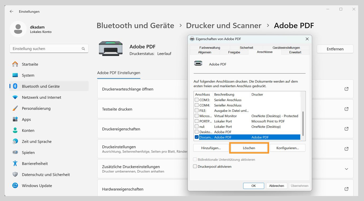 Das Dialogfeld „Eigenschaften von Adobe PDF“ zeigt die geöffnete Registerkarte „Anschlüsse“ mit den Optionen „Anschluss hinzufügen“, „Anschluss löschen“ und „Anschlüsse konfigurieren“.