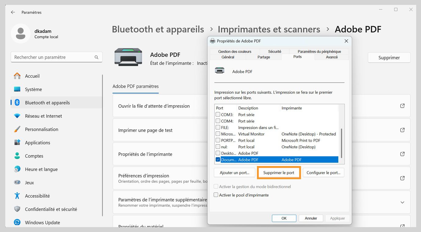 La boîte de dialogue Propriétés Adobe PDF affiche l'onglet Ports ouvert avec les options Ajouter un port, Supprimer un port et Configurer les ports.