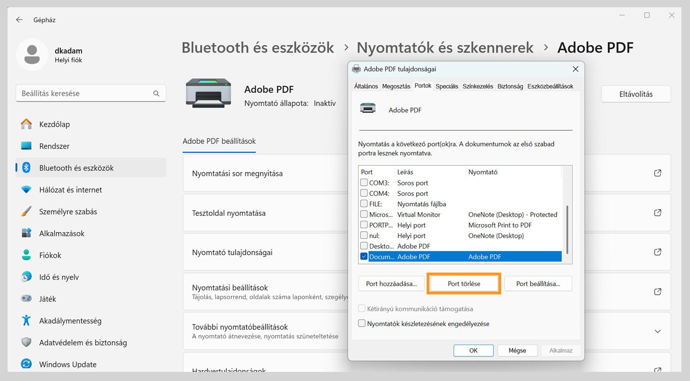 Az Adobe PDF tulajdonságai párbeszédpanel a Portok lapot mutatja megnyitva, a Port hozzáadása, Port törlése és Portok konfigurálása lehetőségekkel.