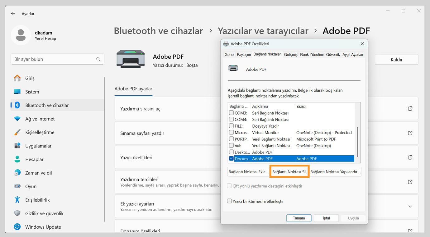 Adobe PDF Özellikleri iletişim kutusu, Bağlantı Noktası Ekle, Bağlantı Noktasını Sil ve Bağlantı Noktalarını Yapılandır seçenekleriyle açık olan Bağlantı Noktaları sekmesini gösterir.