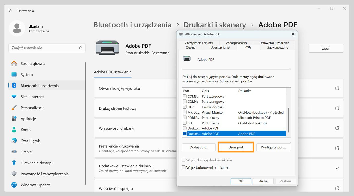 Okno dialogowe Właściwości Adobe PDF pokazuje otwartą kartę Porty z opcjami Dodaj port, Usuń port i Konfiguruj porty. 