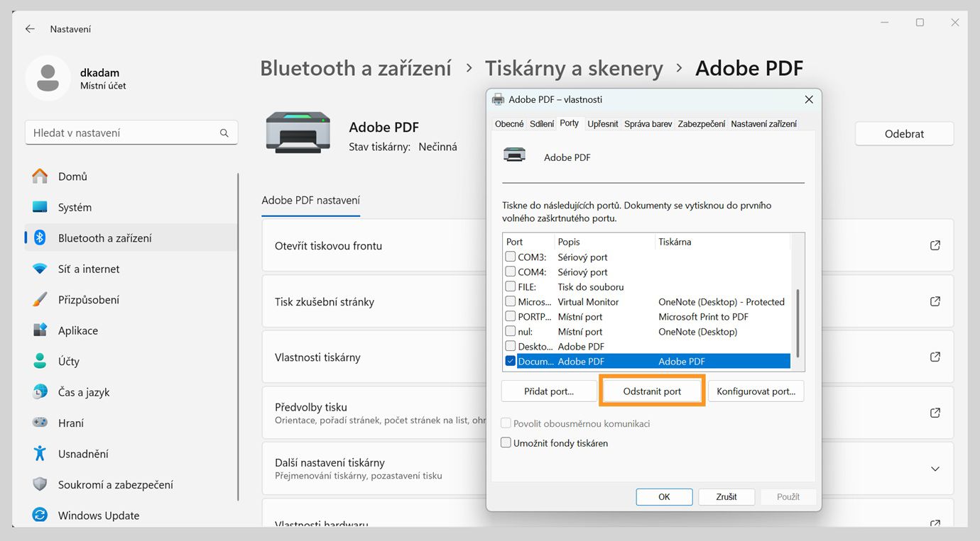 Dialogové okno Vlastnosti Adobe PDF zobrazuje otevřenou kartu Porty s možnostmi Přidat port, Odstranit port a Konfigurovat porty.