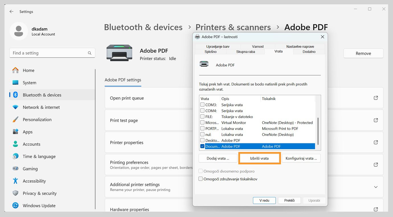 Pogovorno okno Lastnosti Adobe PDF prikazuje odprt zavihek Vrata z možnostmi Dodaj vrata, Izbriši vrata in Konfiguriraj vrata. 