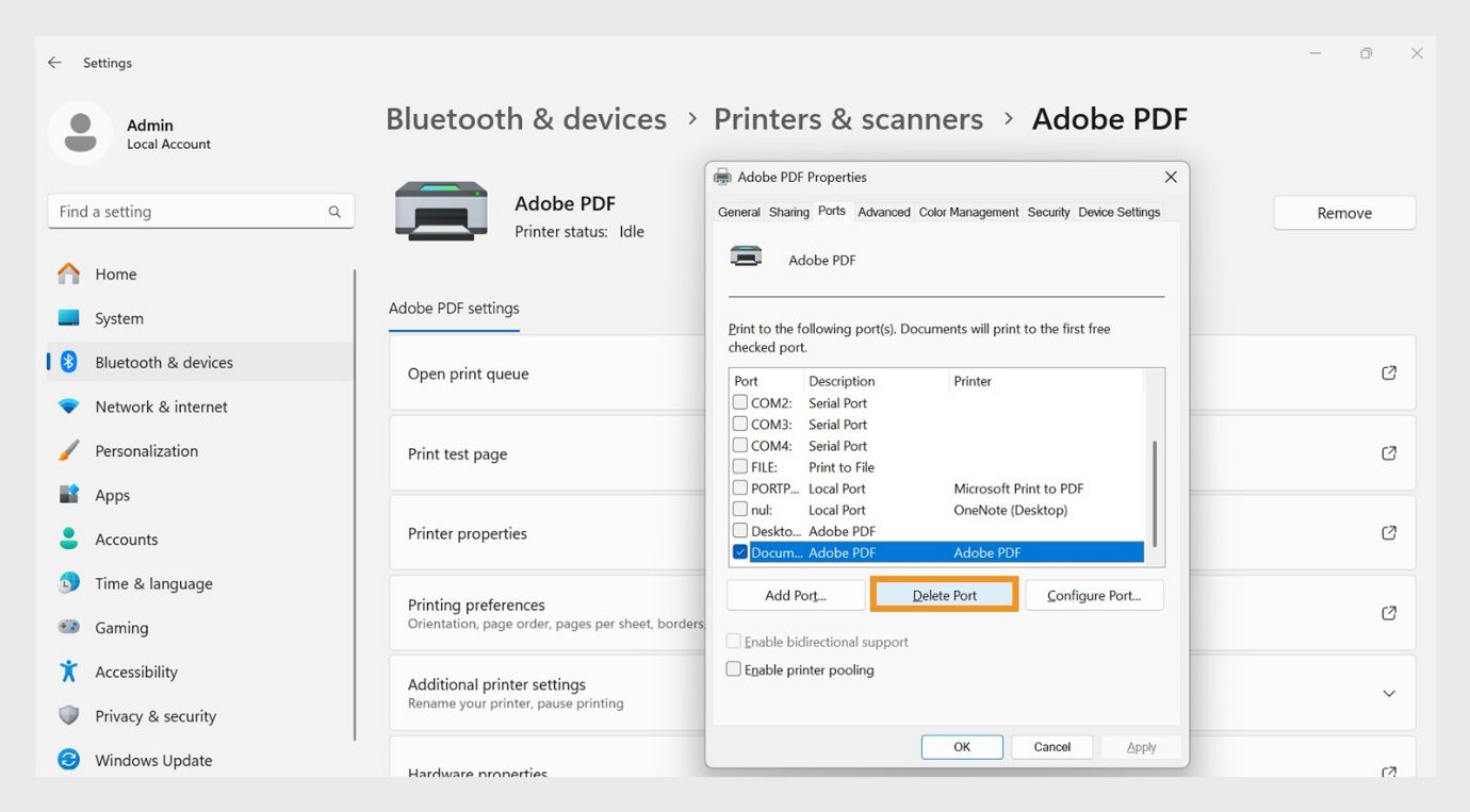 يعرض مربع الحوار &quot;خصائص Adobe PDF&quot; علامة التبويب &quot;المنافذ&quot; مفتوحة مع خيارات &quot;إضافة منفذ&quot;، و&quot;حذف منفذ&quot;، و&quot;تكوين المنافذ&quot;.