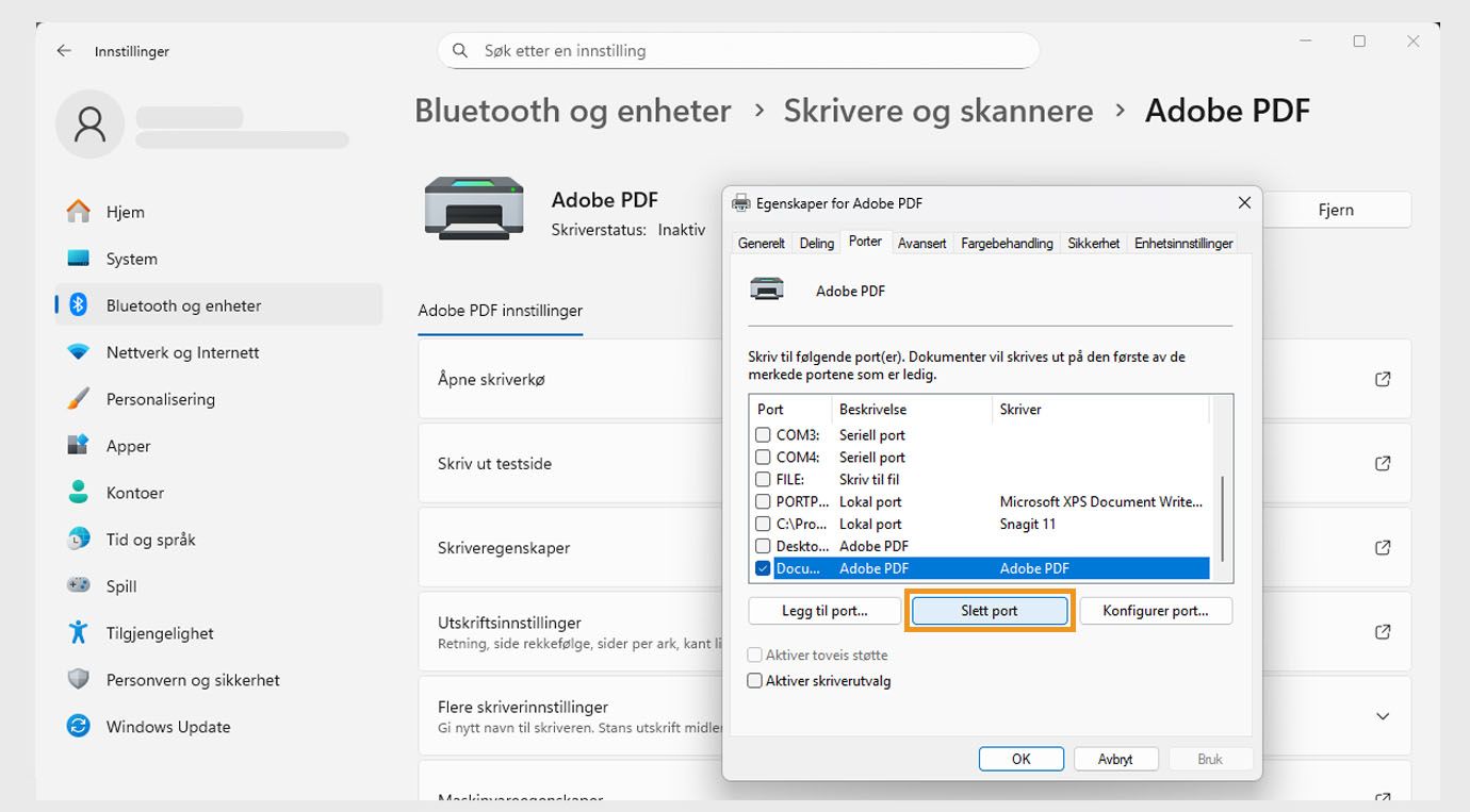 Dialogboksen Adobe PDF-egenskaper viser fanen Porter åpen med alternativene Legg til port, Slett port og Konfigurer porter. 