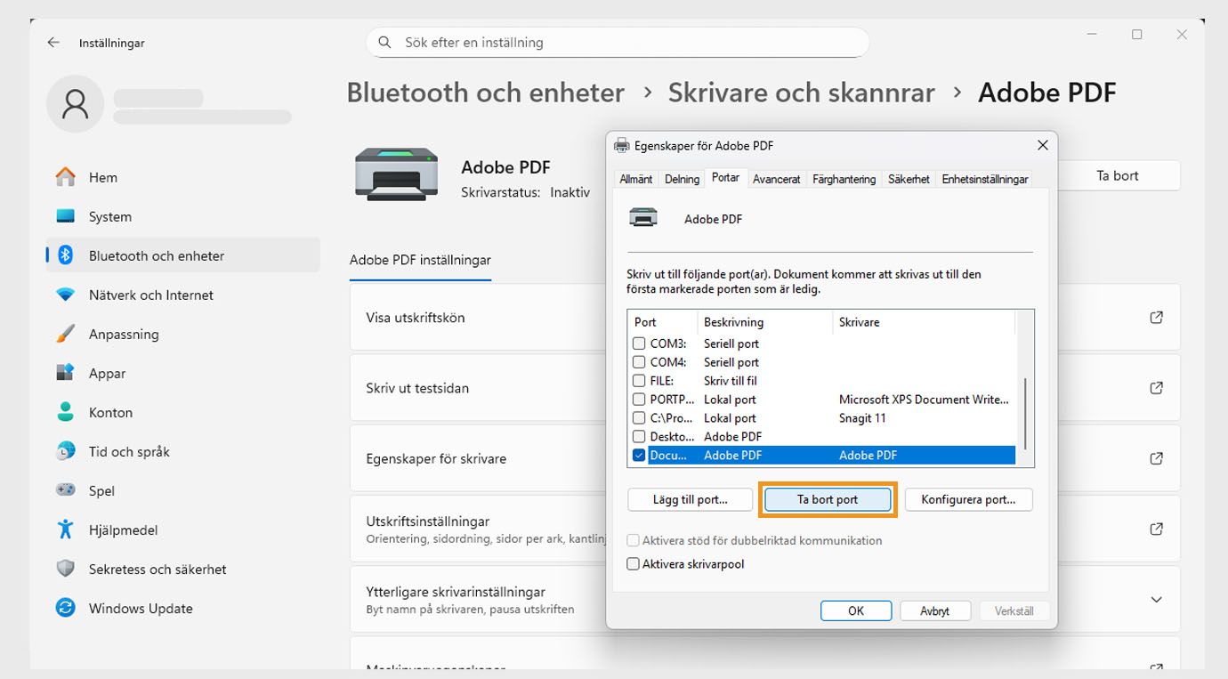 Dialogrutan Adobe PDF-egenskaper visar fliken Portar öppen med alternativen Lägg till port, Ta bort port och Konfigurera portar. 
