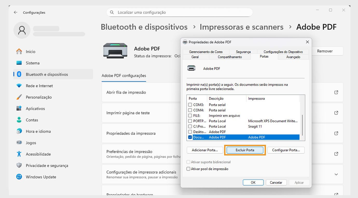 A caixa de diálogo Propriedades do Adobe PDF mostra a guia Portas aberta com as opções Adicionar porta, Excluir porta e Configurar portas. 