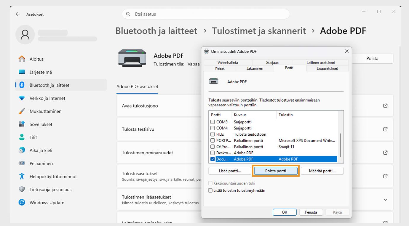 Adobe PDF:n ominaisuudet -valintaikkunassa näkyy avoin Portit-välilehti, jossa on vaihtoehdot Lisää portti, Poista portti ja Määritä portit. 