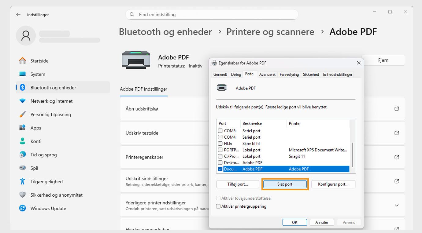 Dialogboksen Adobe PDF-egenskaber viser fanen Porte åben med indstillingerne Tilføj port, Slet port og Konfigurer porte. 