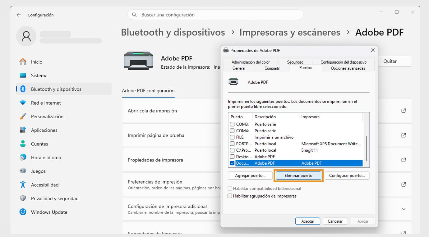 El cuadro de diálogo Propiedades de Adobe PDF muestra la pestaña Puertos abierta con las opciones Agregar puerto, Eliminar puerto y Configurar puertos. 