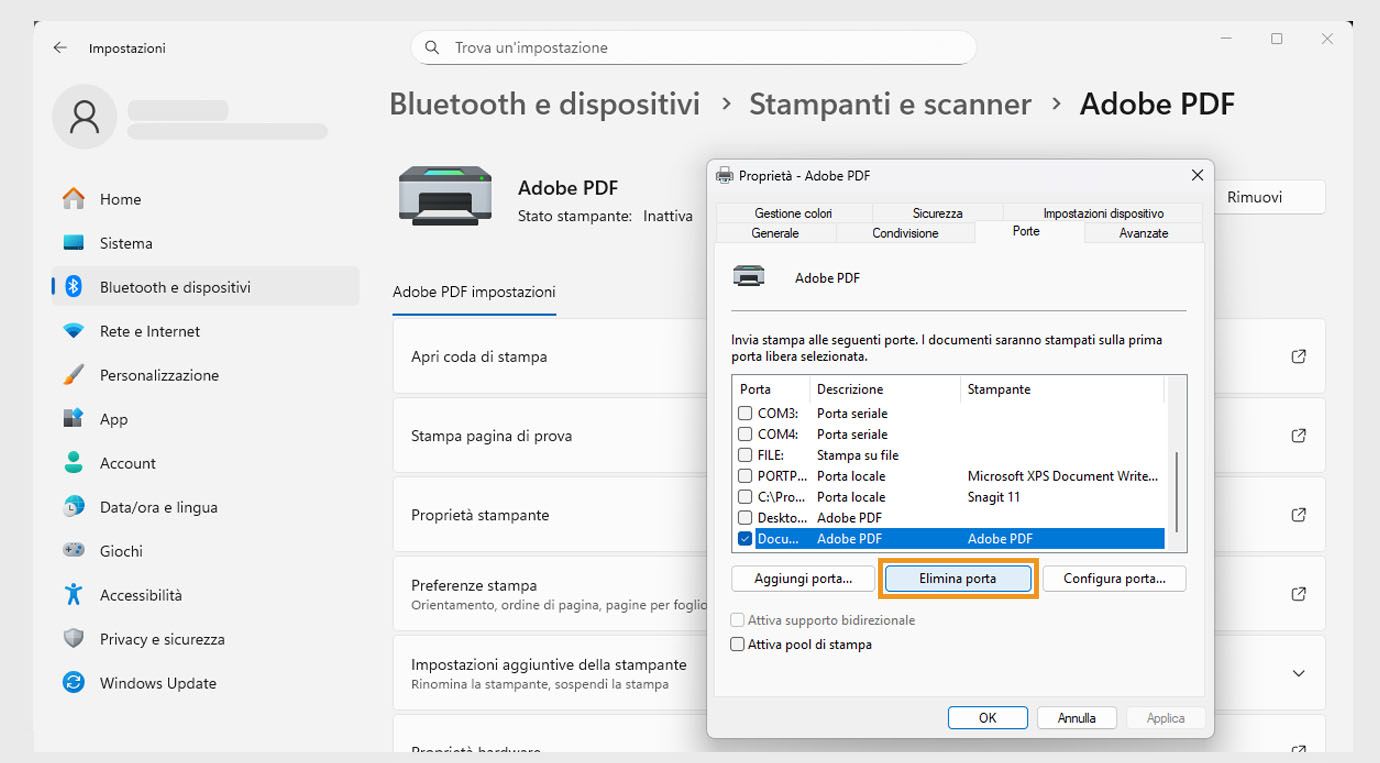La finestra di dialogo Proprietà Adobe PDF mostra la scheda Porte aperta con le opzioni Aggiungi porta, Elimina porta e Configura porte. 