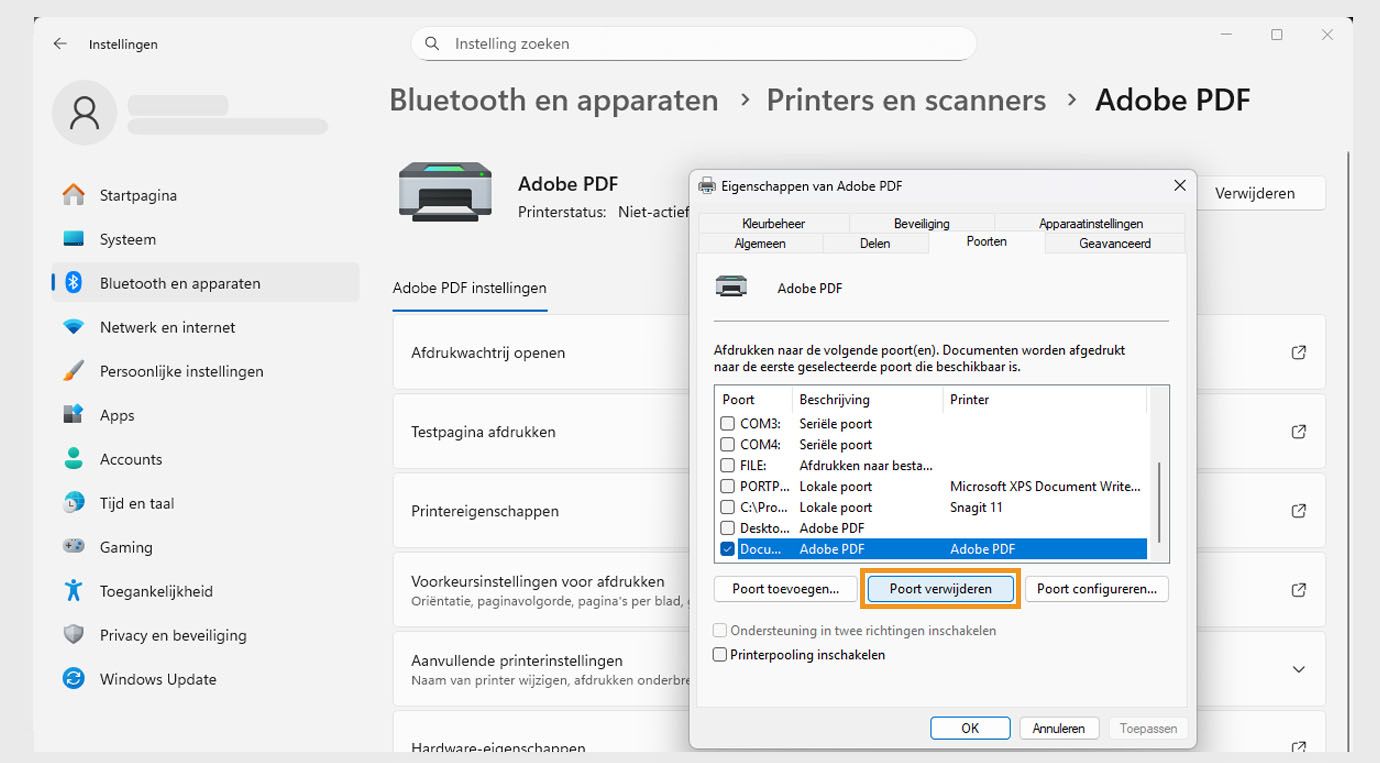 Het dialoogvenster Adobe PDF-eigenschappen toont het tabblad Poorten met de opties Poort toevoegen, Poort verwijderen en Poorten configureren. 