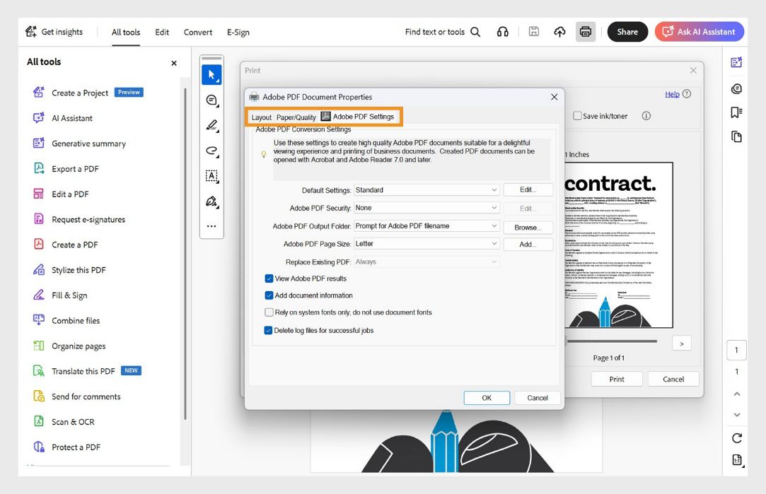 Karta Ustawienia Adobe PDF w oknie dialogowym Preferencje drukowania Adobe PDF zawiera opcje Ustawienia domyślne, Zabezpieczenia Adobe PDF i Folder wyjściowy Adobe PDF. 