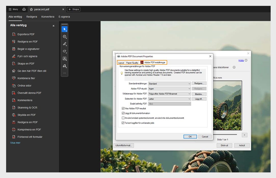 Fliken Adobe PDF-inställningar i dialogrutan Skrivarinställningar för Adobe PDF visar Standardinställningar, Adobe PDF-säkerhet och alternativ för Adobe PDF-utdatamapp. 