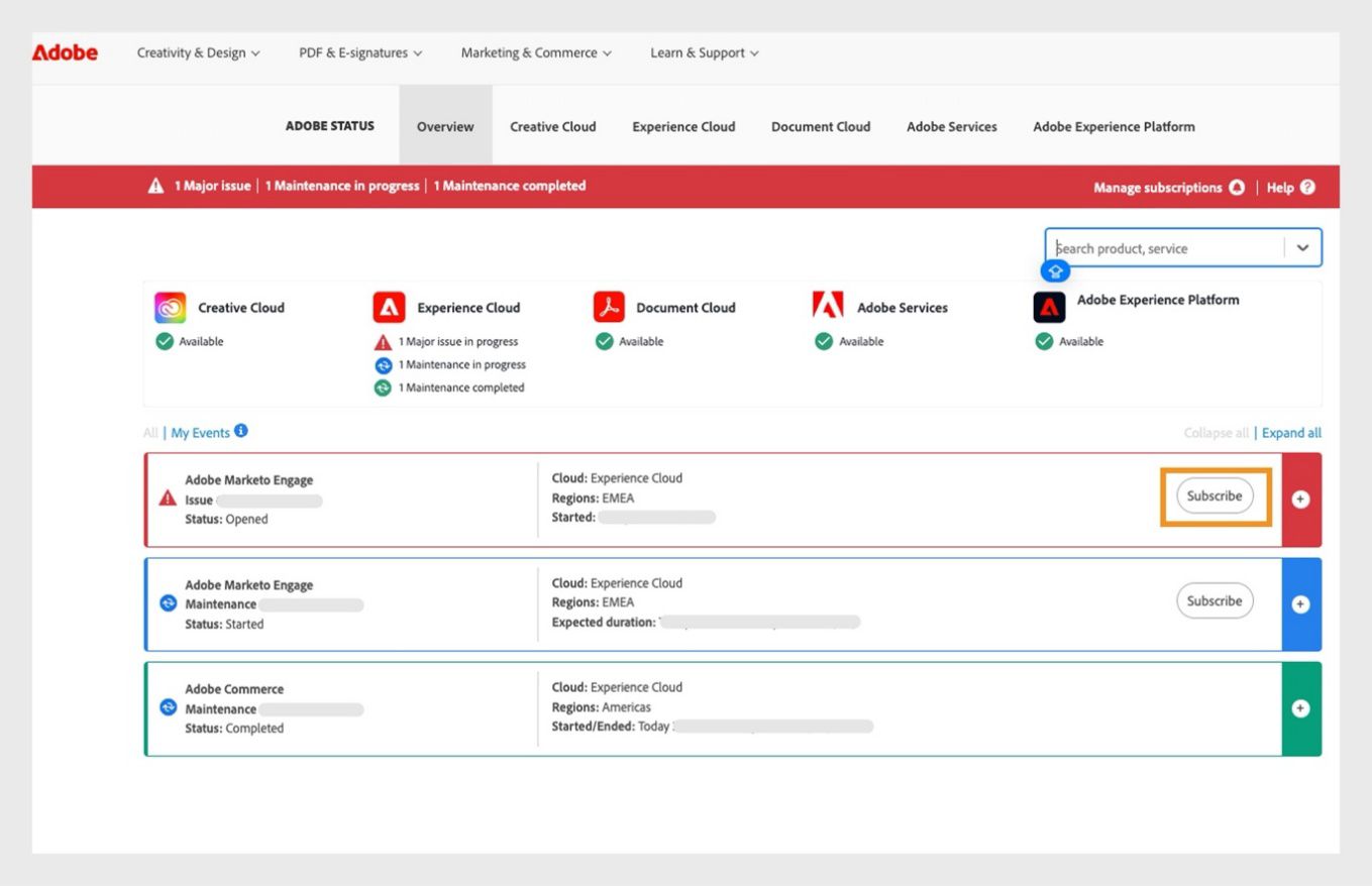 Adobe Status sayfasında Creative Cloud, Experience Cloud, Document Cloud ve Adobe Hizmetlerindeki ürün kullanılabilirliği ve sorunlar gösterilir. Ayrıca, hizmet güncellemeleri hakkında bildirim almak için kullanabileceğiniz bir Abonelik düğmesi de içerir.