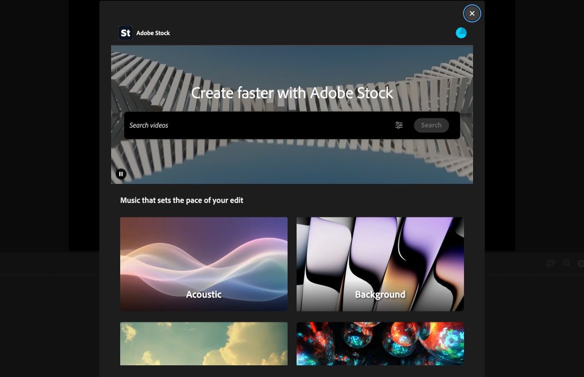 Das Adobe Stock-Bedienfeld im Firefly Video-Editor zeigt eine Suchleiste und Musiksammlungen an.