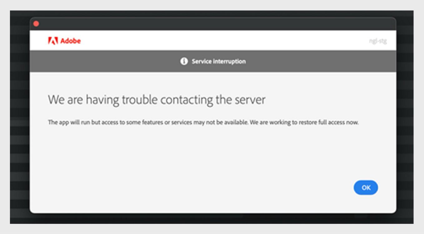 Une notification de service apparaît lorsque vous avez une interruption de service. Cela signifie que l’application s‘exécutera, mais que l‘accès à certaines fonctionnalités ou certains services pourrait ne pas être disponible et qu‘Adobe s‘efforce de résoudre le problème.