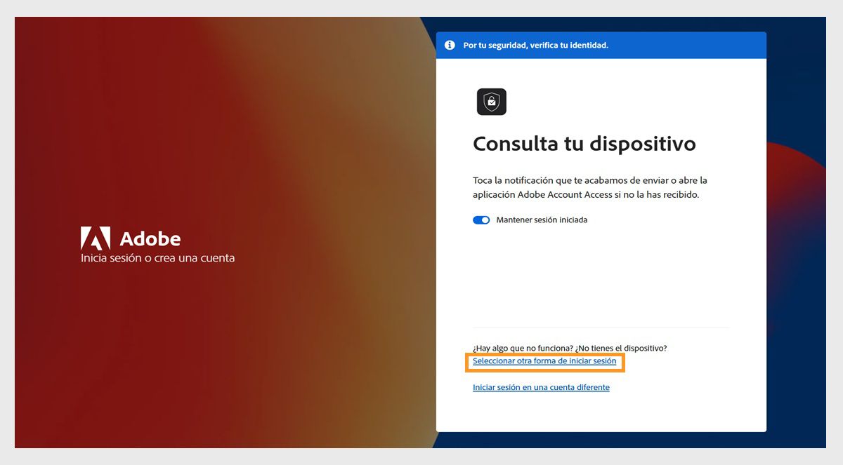 La página de inicio de sesión de Adobe, con la ventana Comprobar el dispositivo, donde se resalta Seleccionar otra forma de iniciar sesión.