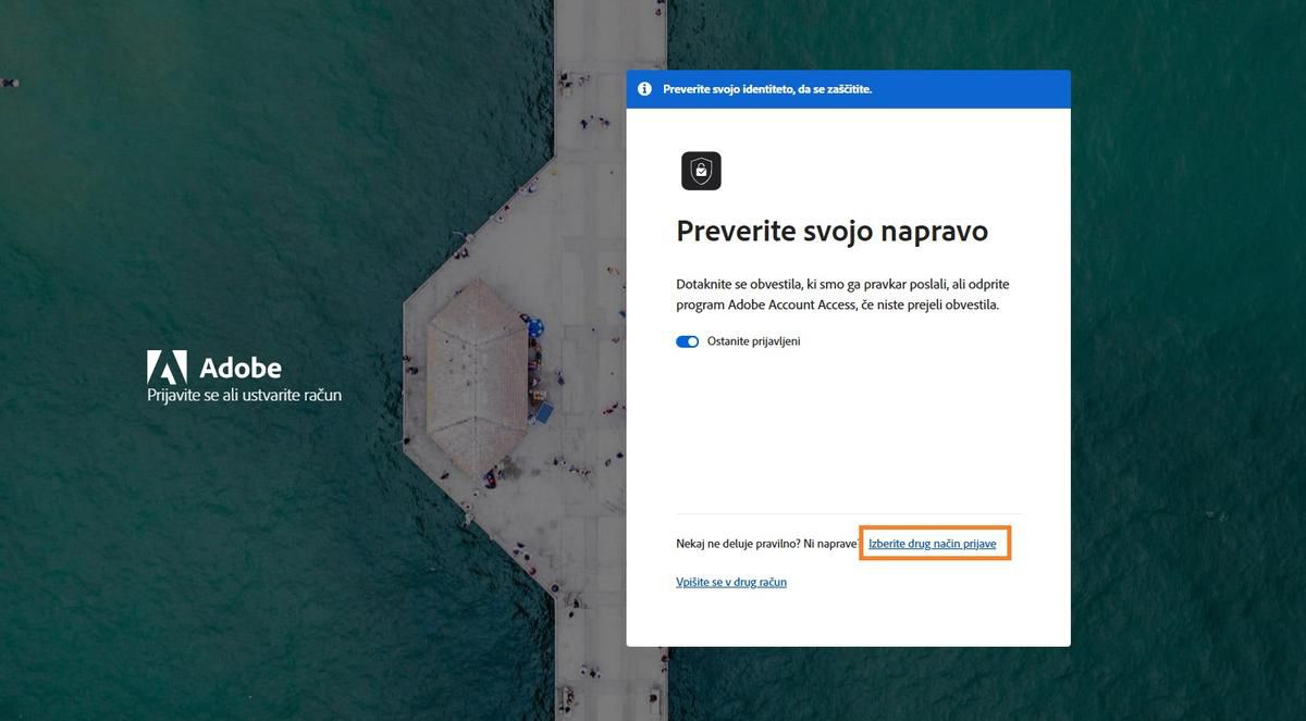 Stran za prijavo Adobe z oknom Preverite napravo, kjer je označeno Izberite drug način prijave.