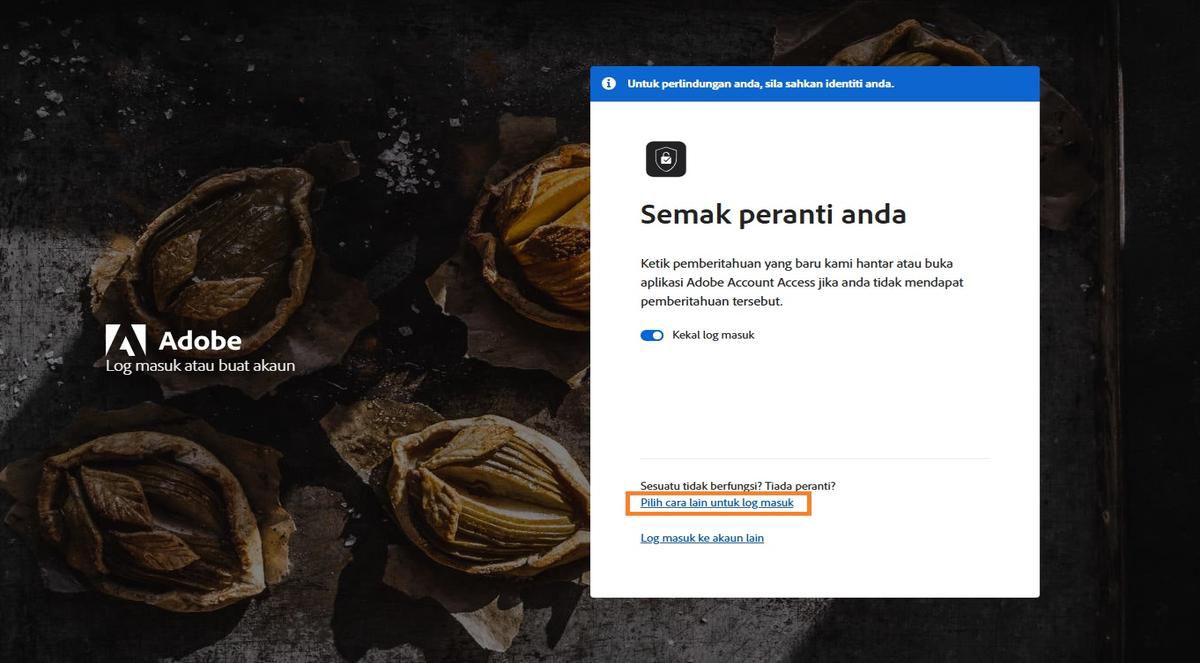 Halaman daftar masuk Adobe, dengan tetingkap Semak peranti anda, dengan Pilih cara lain untuk mendaftar masuk diserlahkan.
