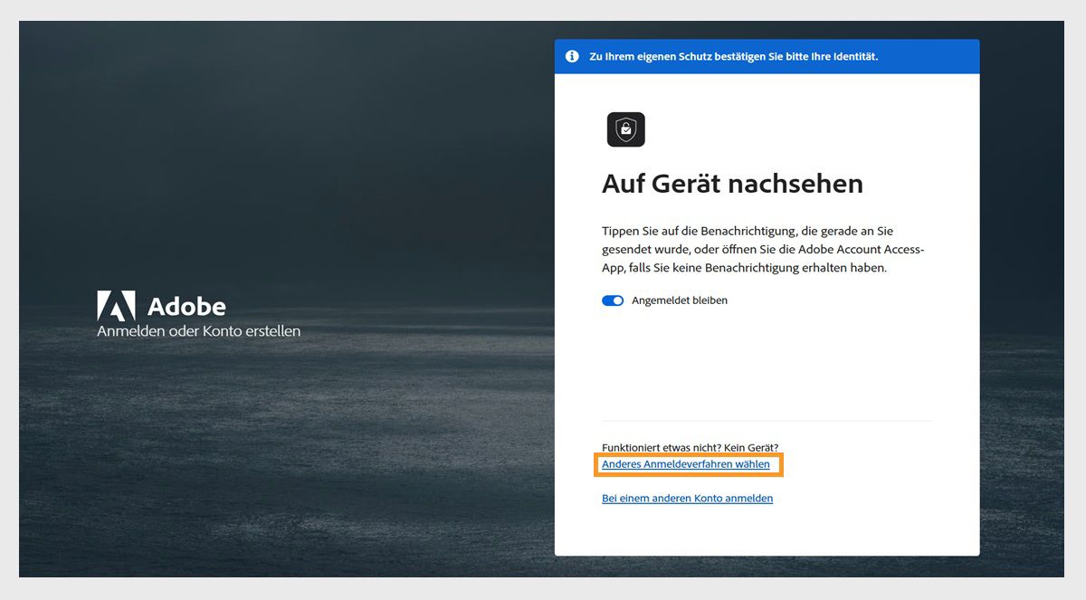 Die Adobe-Anmeldeseite mit dem Fenster „Gerät überprüfen“, in dem „Andere Anmeldemethode auswählen“ hervorgehoben ist.