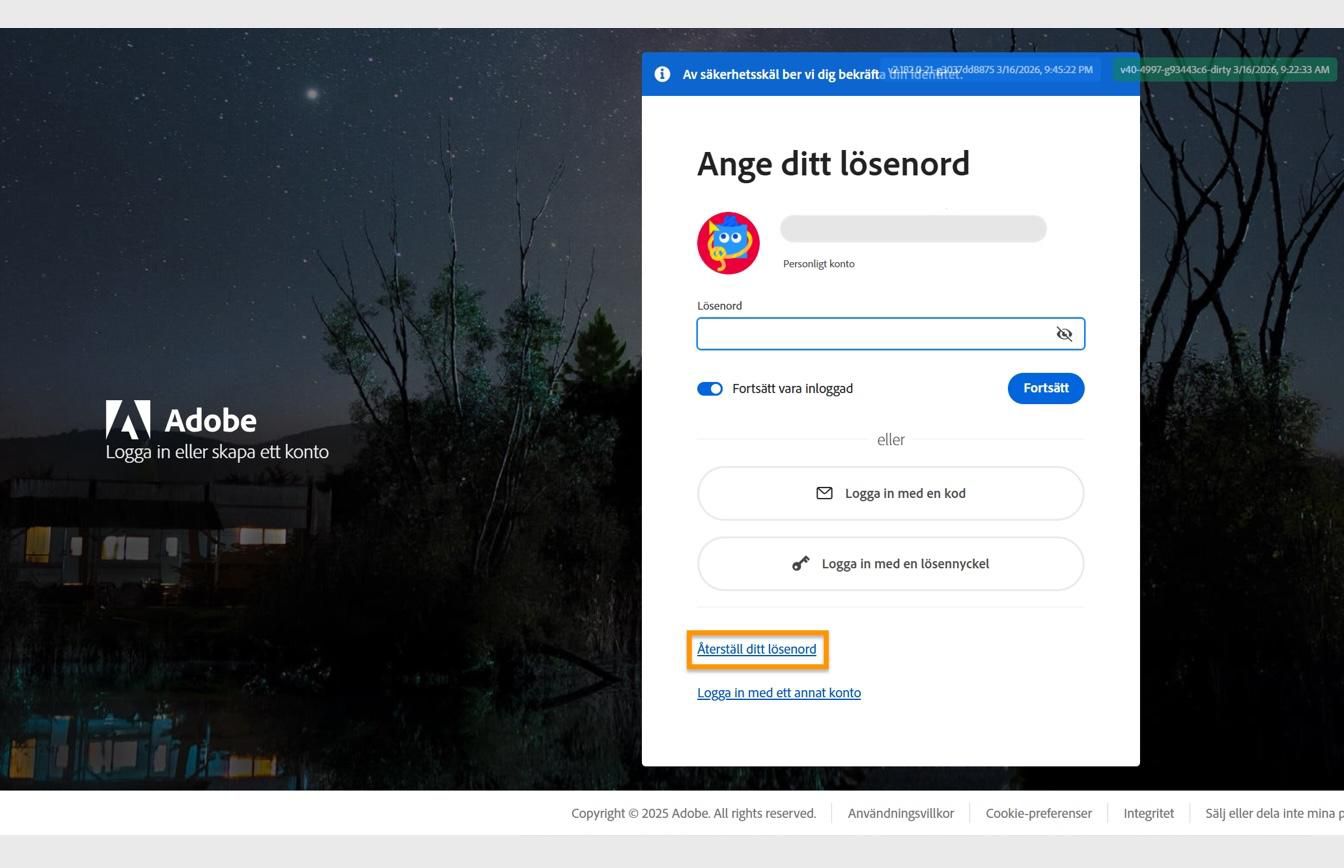 Adobe-inloggningssidan som visar dialogrutan Ange ditt lösenord, där knappen Återställ ditt lösenord är markerad.