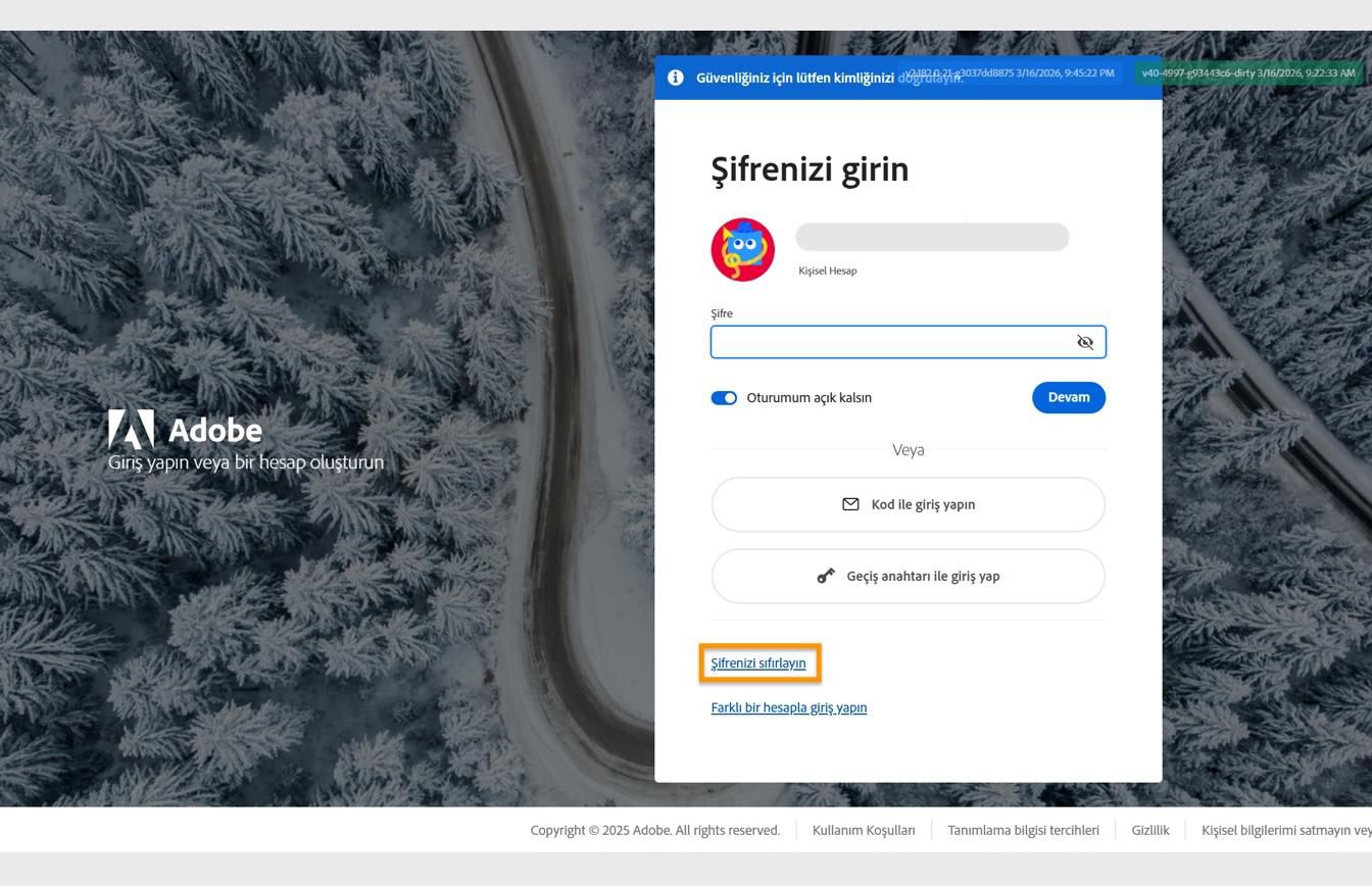 Parolanızı sıfırlayın düğmesinin vurgulandığı Parolanızı girin iletişim kutusunu görüntüleyen Adobe giriş sayfası.
