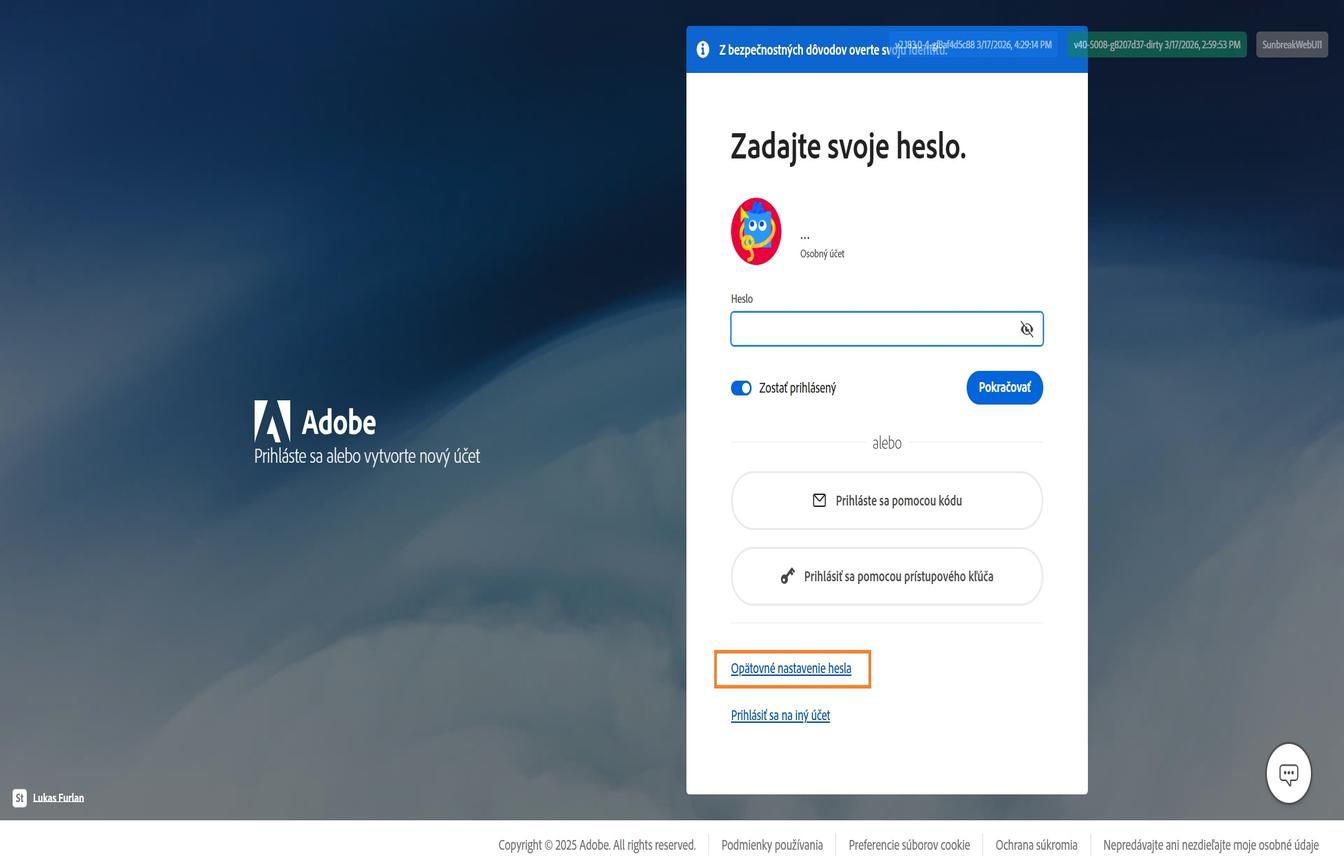 Prihlasovacia stránka Adobe s dialógovým oknom Zadajte svoje heslo, v ktorom je zvýraznené tlačidlo Obnoviť heslo.