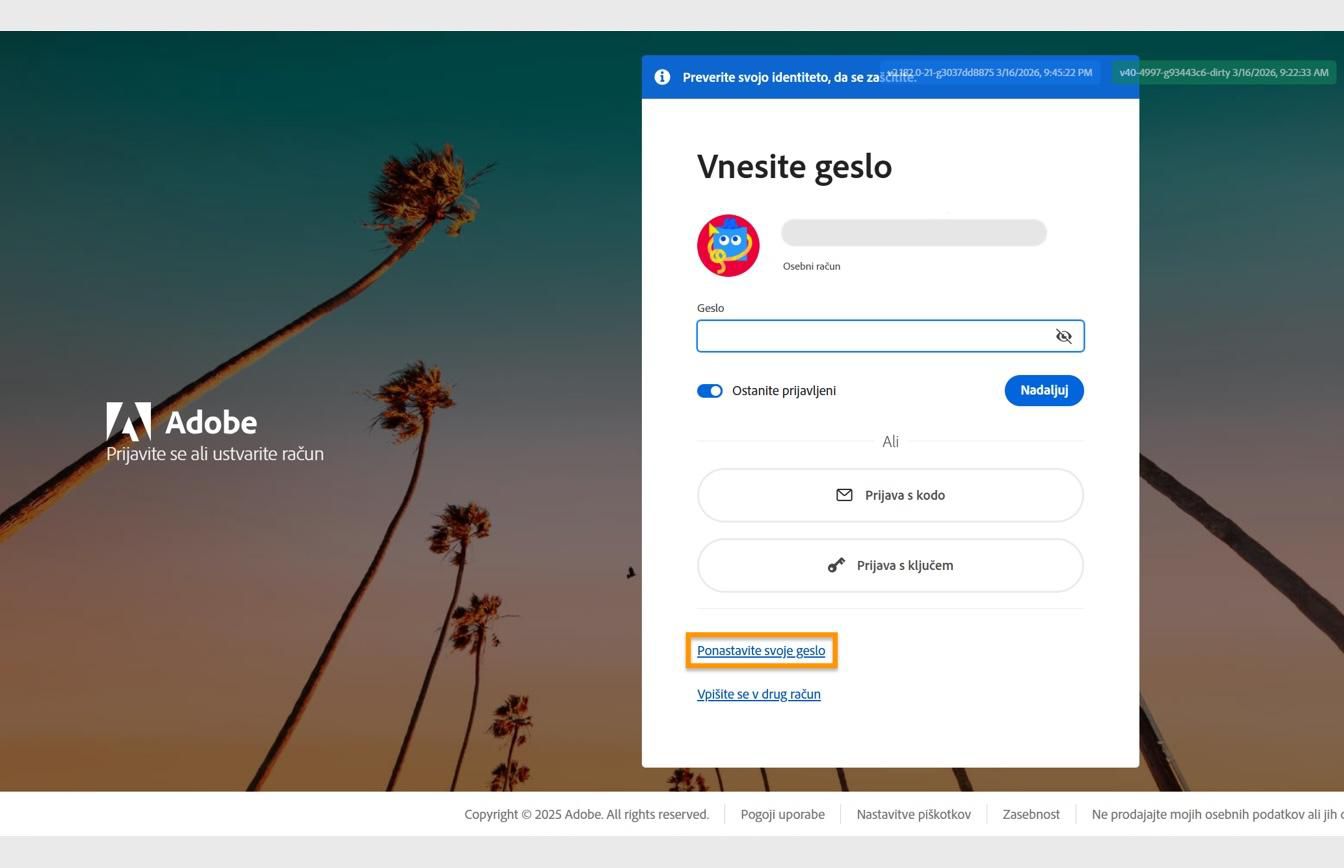 Stran za prijavo v Adobe s pogovornim oknom za vnos gesla, kjer je označen gumb Ponastavi geslo.