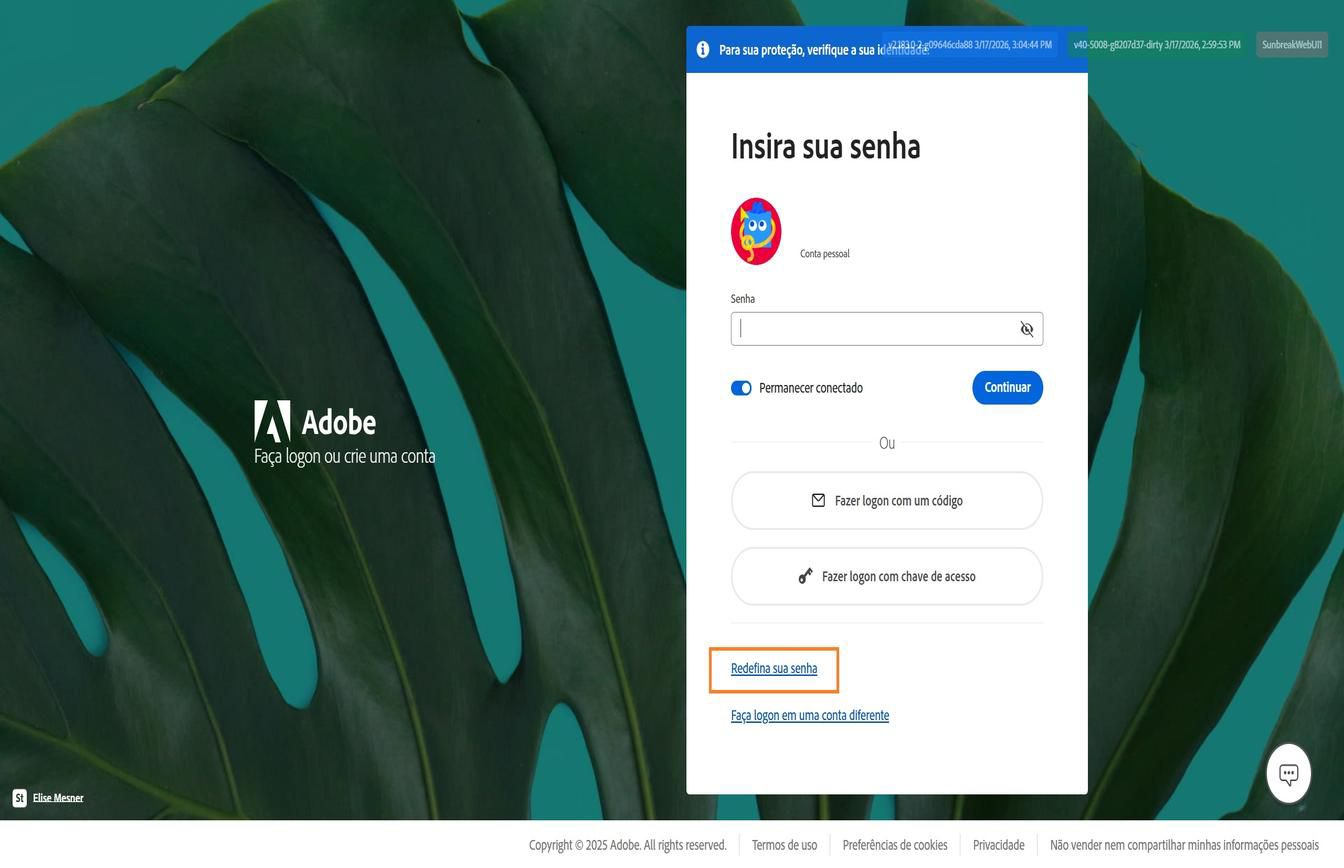 A página de logon da Adobe exibindo a caixa de diálogo Inserir senha, onde o botão Redefinir senha está destacado.