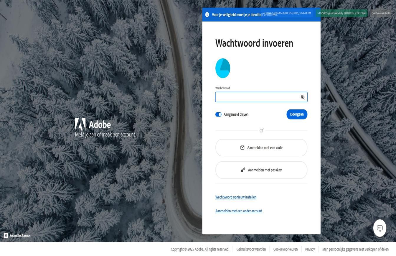 De aanmeldingspagina van Adobe met het dialoogvenster Voer je wachtwoord in, waarin de knop Je wachtwoord opnieuw instellen is gemarkeerd.