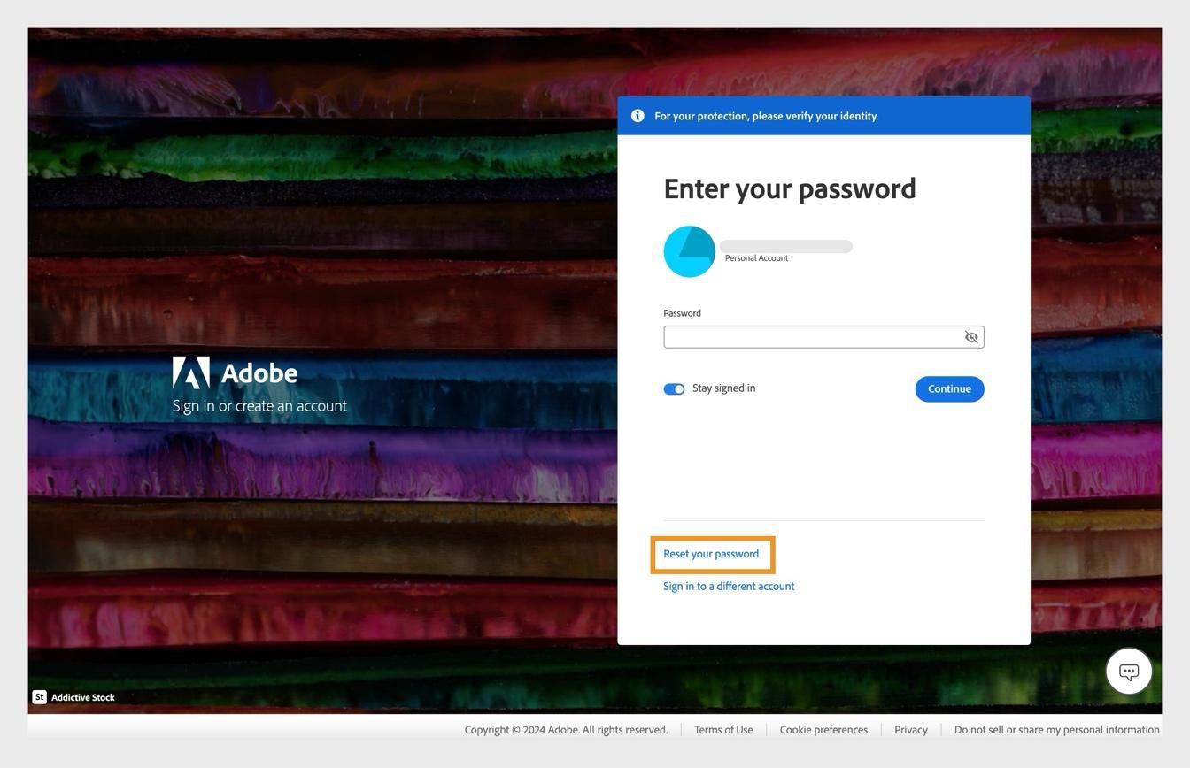 Halaman log masuk Adobe yang memaparkan kotak dialog Masukkan kata laluan anda,dengan butang Tetapkan semula kata laluan anda diserlahkan.