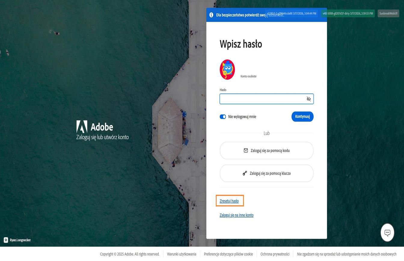 Strona logowania Adobe z oknem dialogowym Wprowadź hasło, w którym wyróżniony jest przycisk Resetuj hasło.