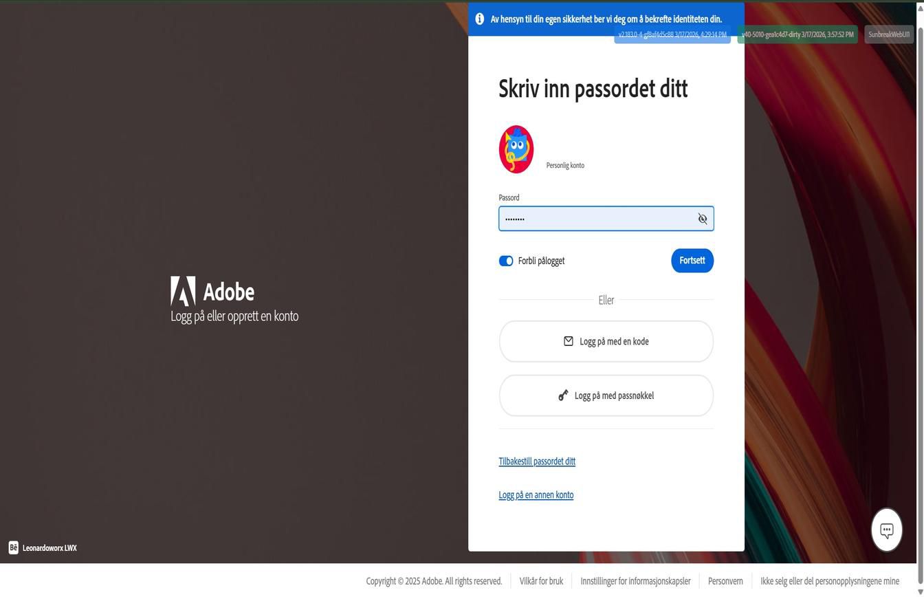 Adobe-påloggingssiden som viser dialogboksen Skriv inn passordet ditt, der knappen Tilbakestill passordet ditt er uthevet.