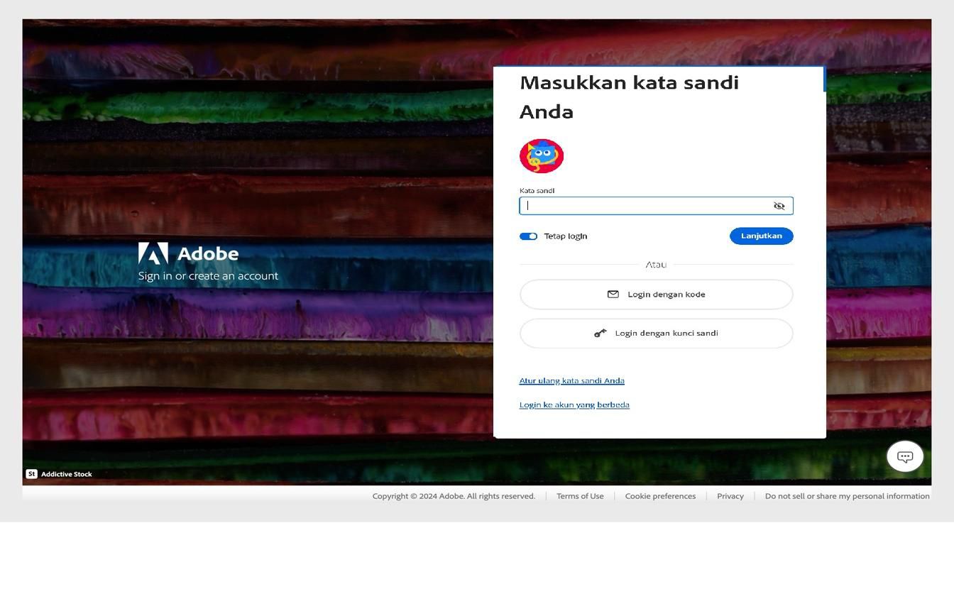 Halaman login Adobe yang menampilkan kotak dialog Masukkan kata sandi Anda, dengan tombol Reset kata sandi yang disorot.