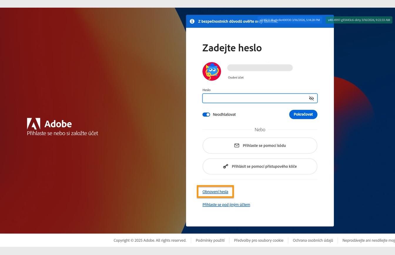 Přihlašovací stránka Adobe zobrazující dialogové okno Zadejte heslo se zvýrazněným tlačítkem Obnovit heslo.