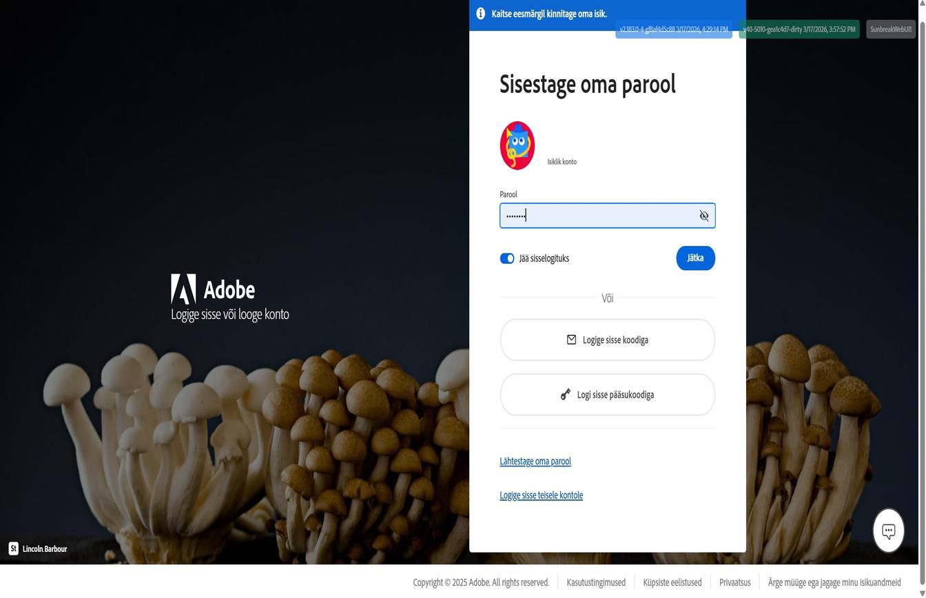 Adobe sisselogimisleht, kus kuvatakse dialoogiboks Sisestage oma parool, kus on esiletõstetud nupp Lähtesta parool.