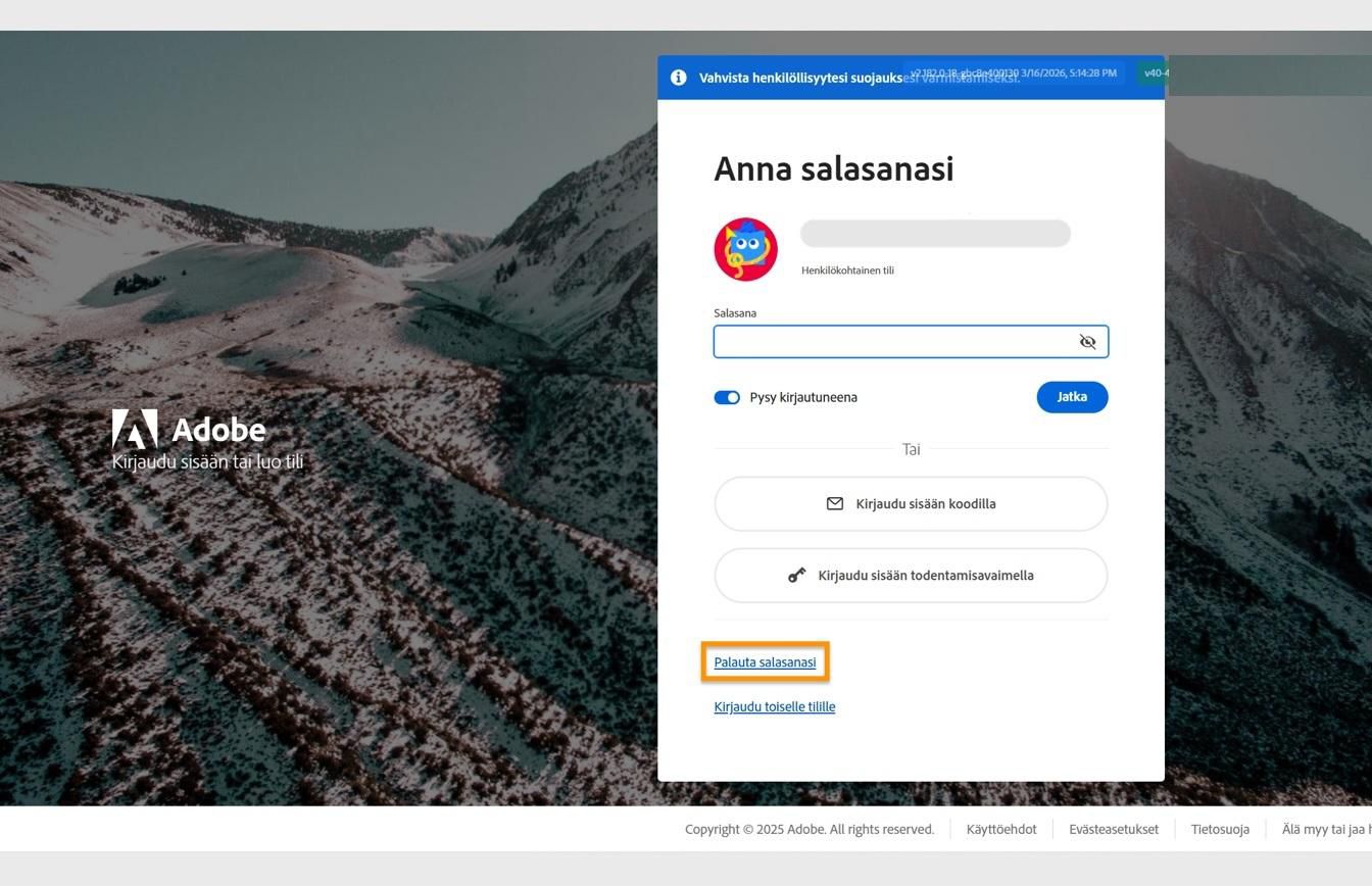 Adobe-kirjautumissivu, jossa näkyy Kirjoita salasanasi -valintaikkuna ja korostettu Nollaa salasana -painike.