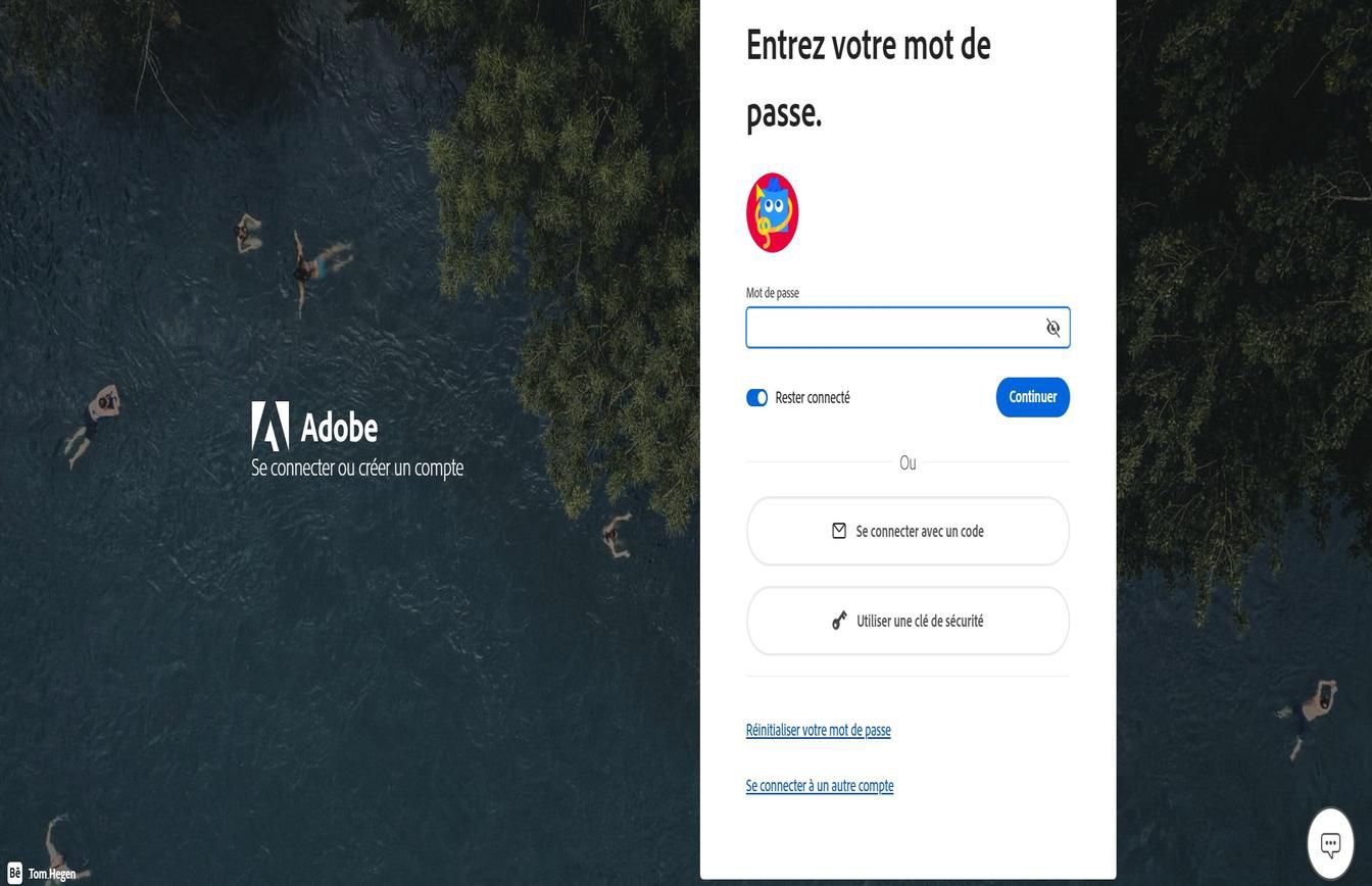 La page de connexion Adobe affichant la boîte de dialogue Saisissez le mot de passe, où le bouton Réinitialiser le mot de passe est mis en surbrillance.