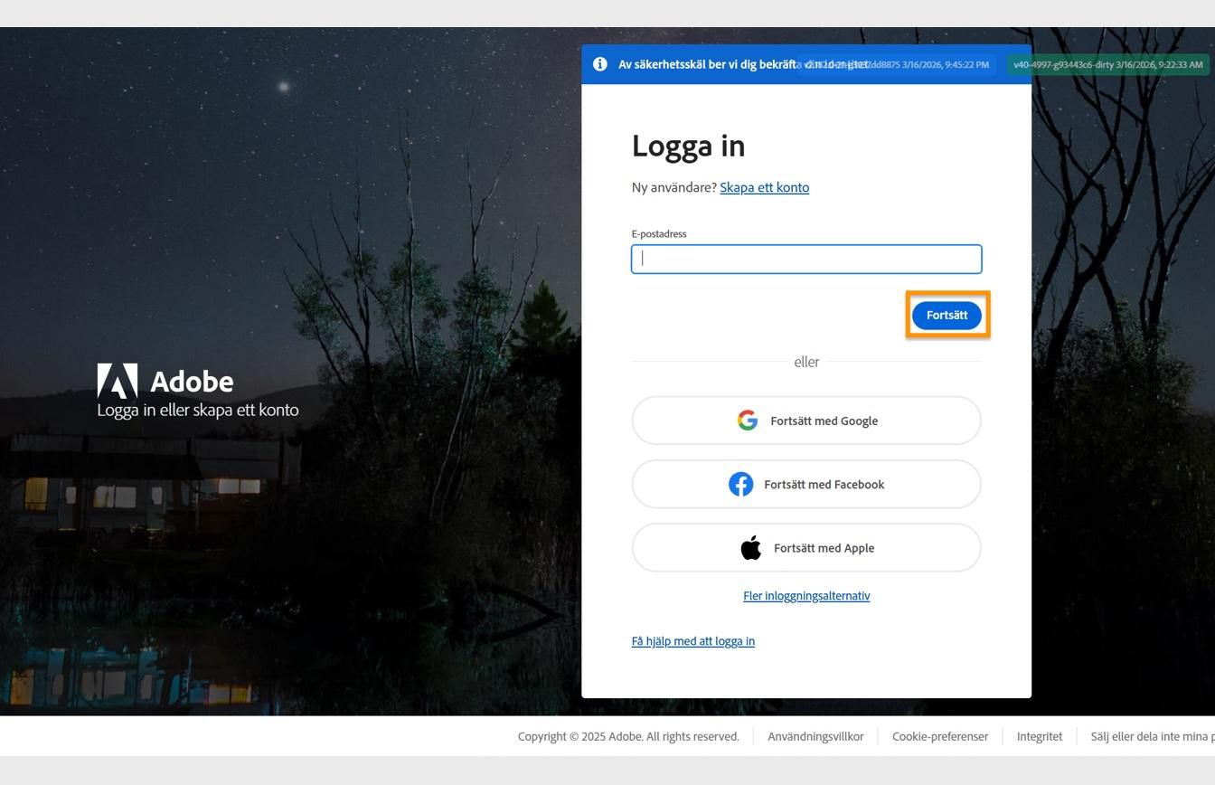 Adobe-inloggningssidan som visar fältet för att ange din e-postadress och den markerade knappen Fortsätt.