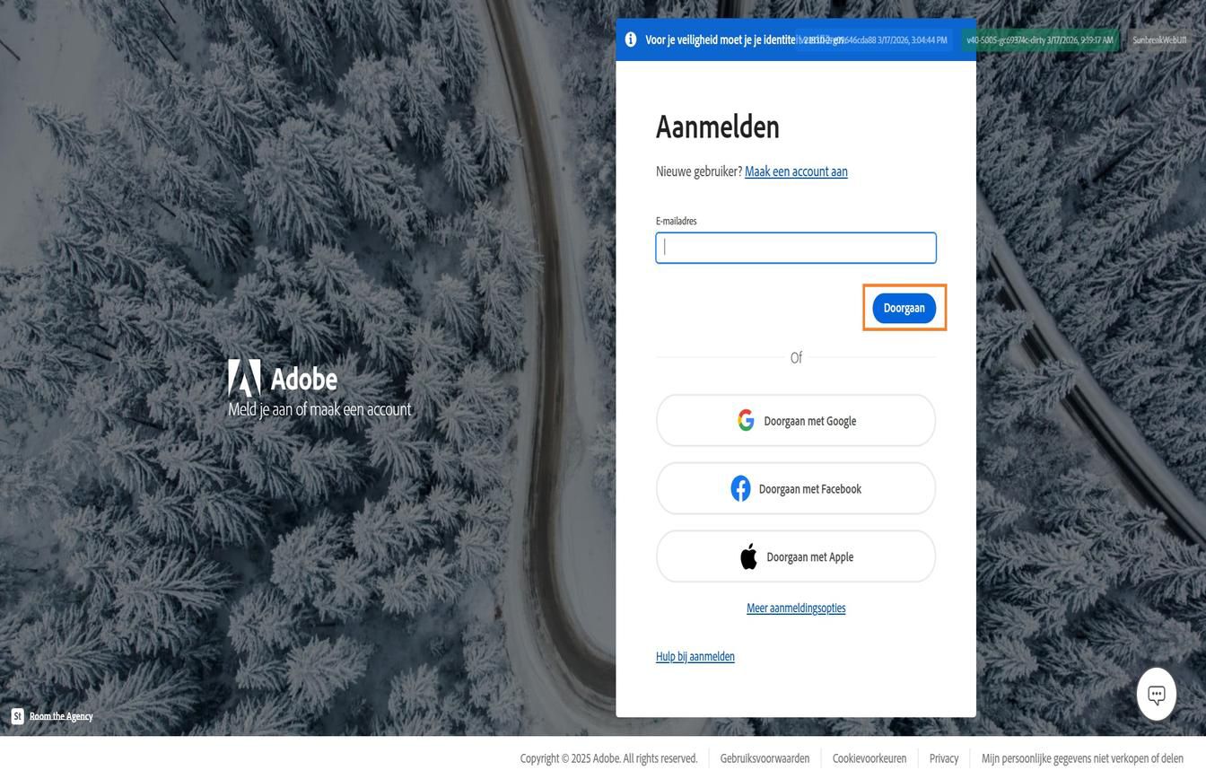 De aanmeldingspagina van Adobe met het veld voor het invoeren van je e-mailadres en de gemarkeerde knop Doorgaan. 