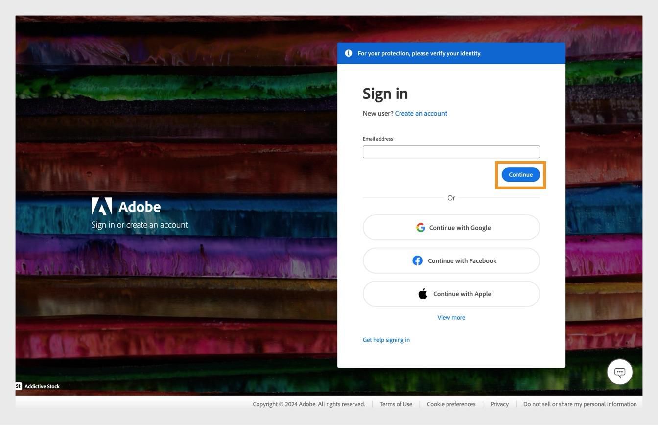 Halaman log masuk Adobe yang memaparkan medan untuk memasukkan alamat e-mel anda dan butang Teruskan yang diserlahkan. 