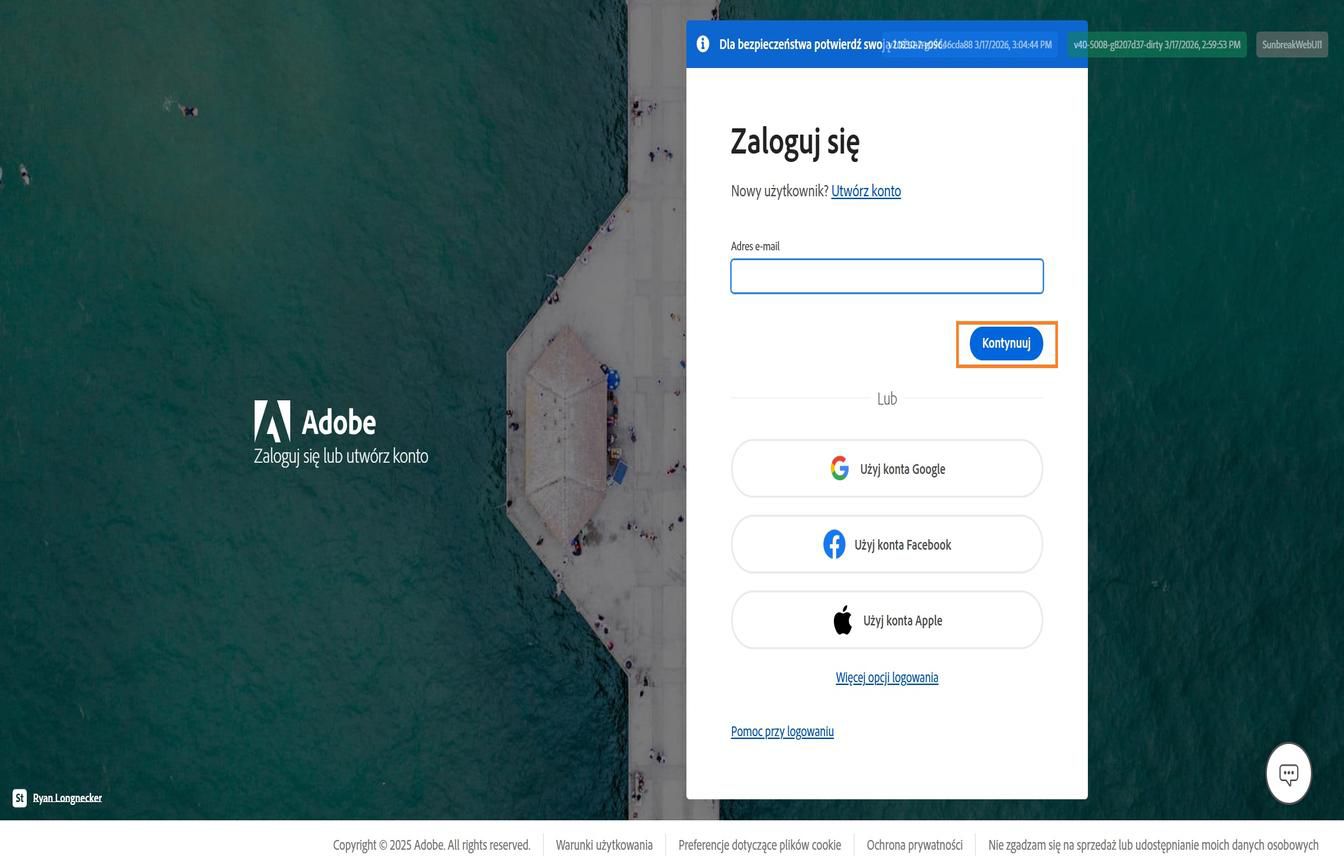 Strona logowania Adobe z polem do wprowadzenia adresu e-mail i podświetlonym przyciskiem Kontynuuj. 
